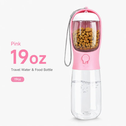 GMOX Portable Dog Water Bottle - Leak-Proof Dispenser with Integrated Bowl & Food Container, Made from Food-Grade Plastic for Outdoor Activities, Hiking, and Travel - Pink