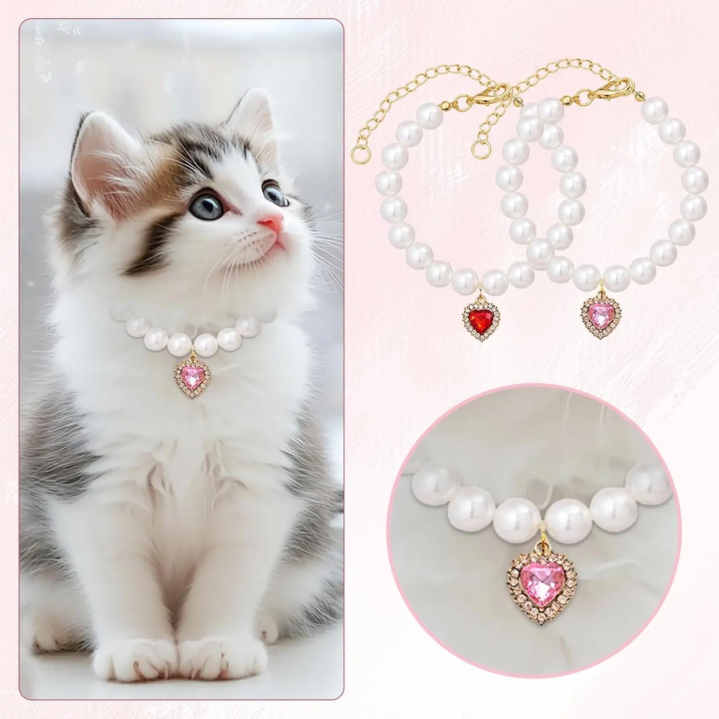 Adjustable Pearl Collars with Heart-Shaped Rhinestones for Cats - Elegant Pet Accessories for Weddings and Special Events (2-Pack)