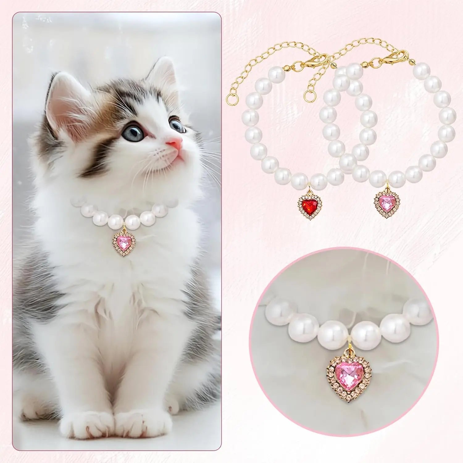 Adjustable Pearl Collars with Heart-Shaped Rhinestones for Cats - Elegant Pet Accessories for Weddings and Special Events (2-Pack)