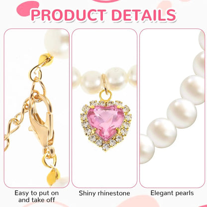 Adjustable Pearl Collars with Heart-Shaped Rhinestones for Cats - Elegant Pet Accessories for Weddings and Special Events (2-Pack)