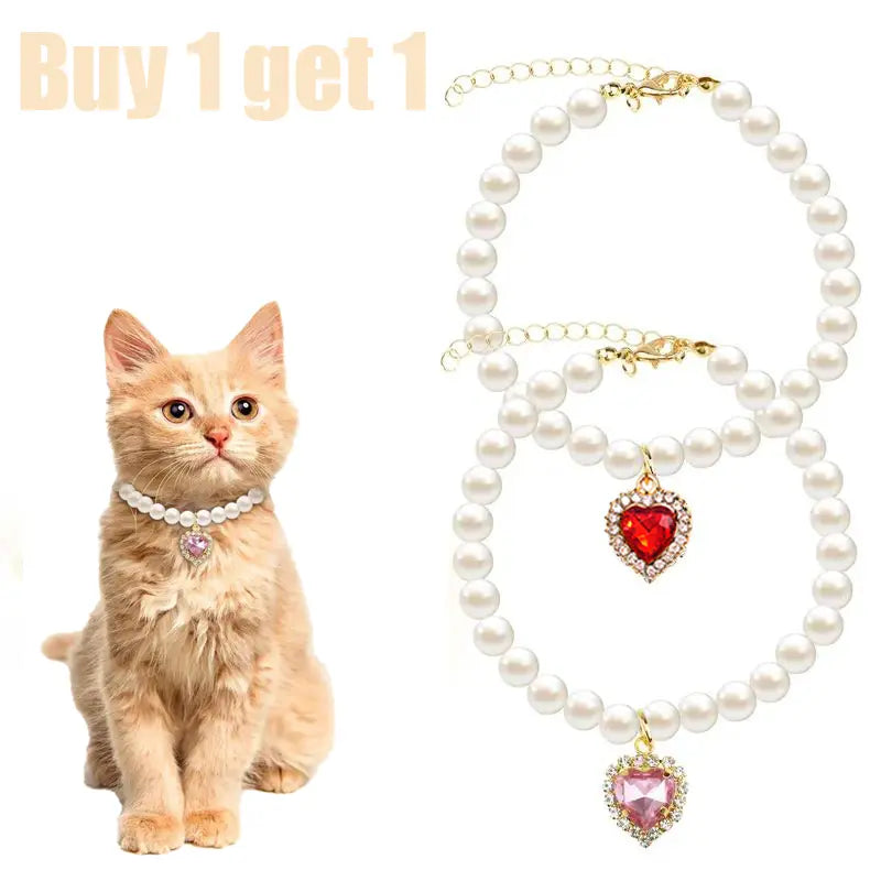 Adjustable Pearl Collars with Heart-Shaped Rhinestones for Cats - Elegant Pet Accessories for Weddings and Special Events (2-Pack)