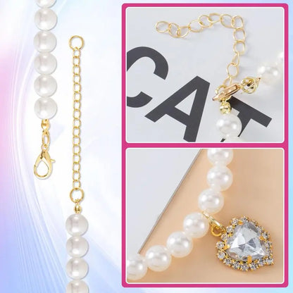 Adjustable Pearl Collars with Heart-Shaped Rhinestones for Cats - Elegant Pet Accessories for Weddings and Special Events (2-Pack)