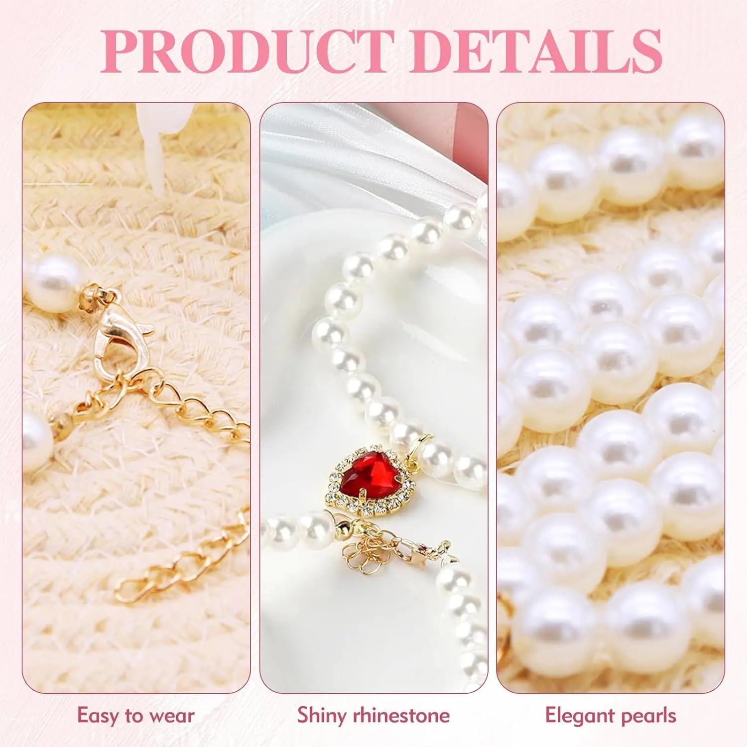 Adjustable Pearl Collars with Heart-Shaped Rhinestones for Cats - Elegant Pet Accessories for Weddings and Special Events (2-Pack)