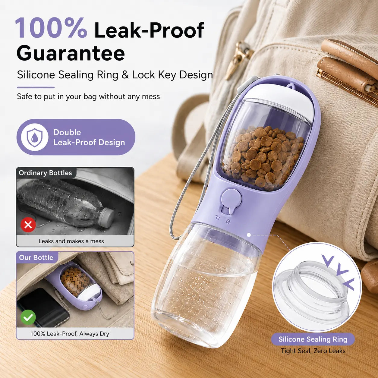 GMOX Portable Dog Water Bottle - Leak-Proof Dispenser with Integrated Bowl & Food Container, Made from Food-Grade Plastic for Outdoor Activities, Hiking, and Travel - Pink
