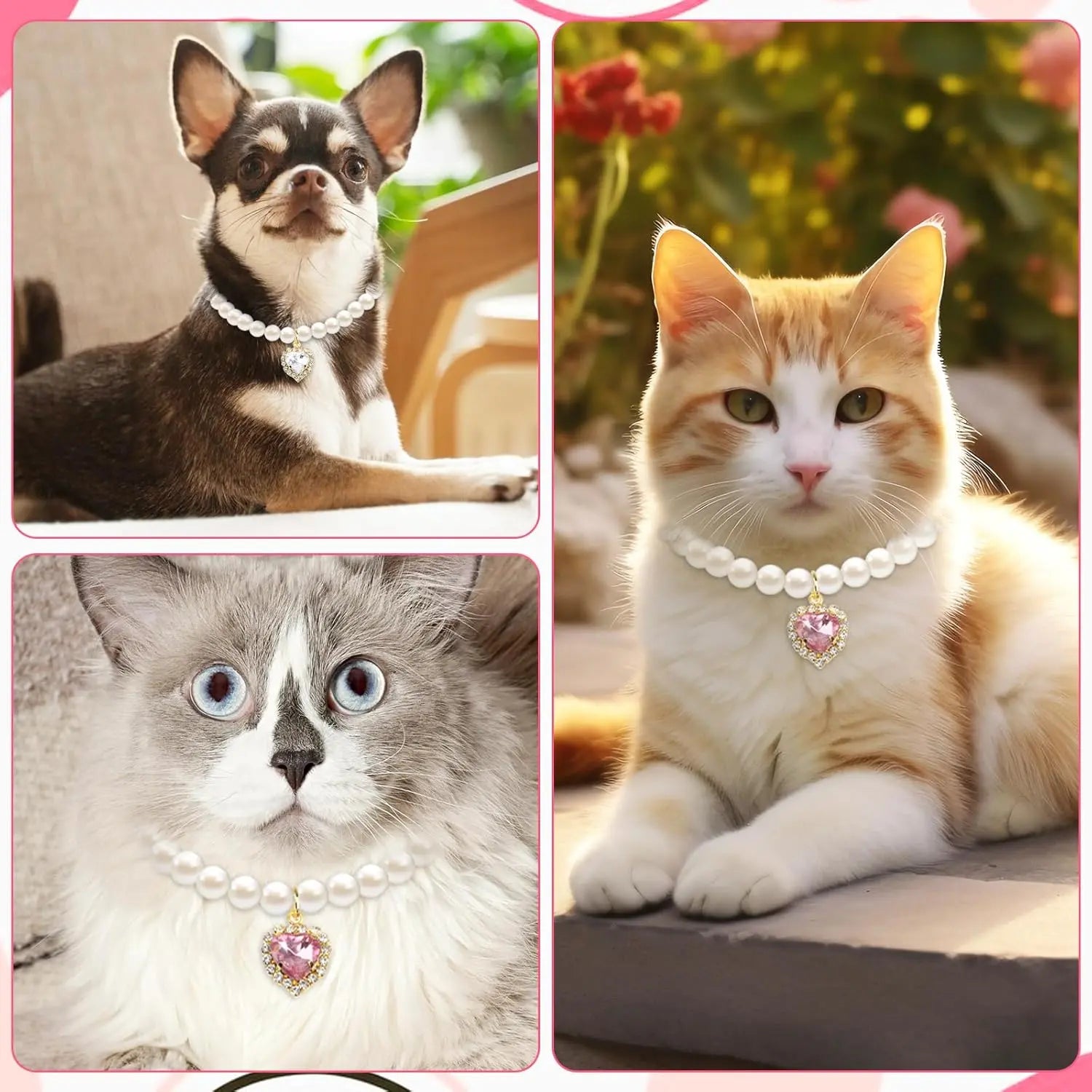 Adjustable Pearl Collars with Heart-Shaped Rhinestones for Cats - Elegant Pet Accessories for Weddings and Special Events (2-Pack)