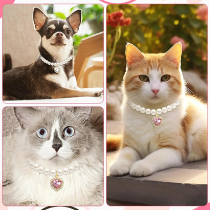 Adjustable Pearl Collars with Heart-Shaped Rhinestones for Cats - Elegant Pet Accessories for Weddings and Special Events (2-Pack)